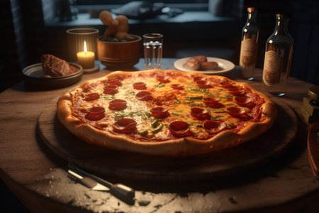 Pizza on the table in the kitchen, candlelight. AI generative. illustration in photorealistic style.の素材