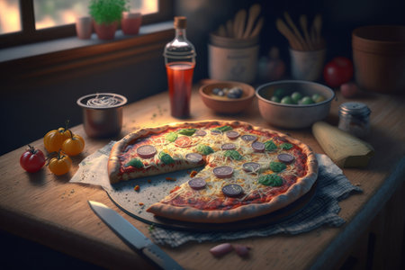 Pepperoni pizza on the table. AI generative. illustration in photorealistic style.の素材