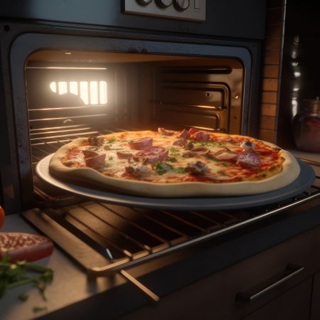 The pizza is heated in the oven. AI generative. illustration in photorealistic style.の素材