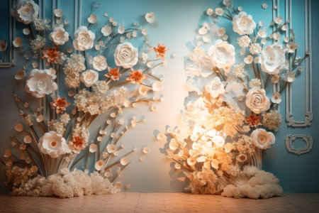 scenery background. Paper flowers on the wall. AI generative. illustration in photorealistic style.の素材