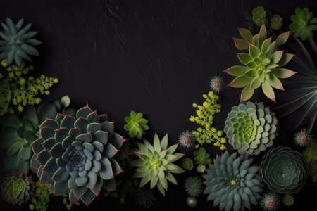 background. Succulents on a black background, empty space at the top. AI generative. illustration in photorealistic style.の素材
