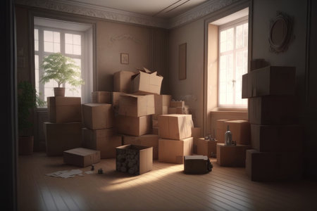 Cardboard boxes in the apartment. AI generative. illustration in photorealistic style.の素材