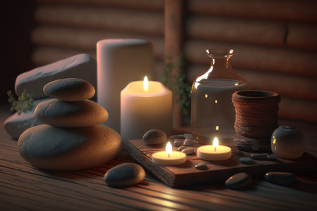 Candles and stones on a wooden table. Spa. AI generative. illustration in photorealistic style.の素材