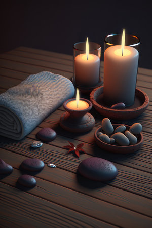 Candles, stones, flower and towels. Spa. vertical illustration. AI generative. illustration in photorealistic style.の素材
