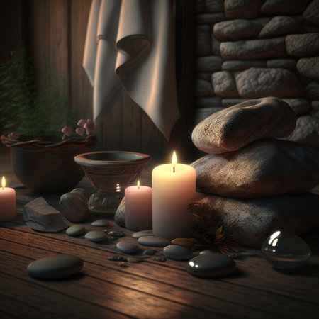 Candles, towels and stones. spa atmosphere. AI generative. illustration in photorealistic style.の素材
