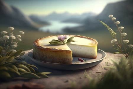 Homemade cheesecake on the background of nature. AI generative. illustration in photorealistic style.の素材