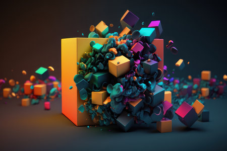 Abstract background, colorful cubes in the center. AI generative. illustration in photorealistic style.の素材