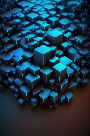 Abstract background, blue cubes, orange light. vertical background. AI generative. illustration in photorealistic style.の素材