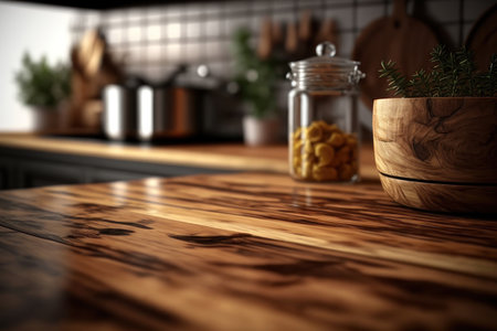 background for product advertising. Wooden countertop in the kitchen. AI generative. illustration in photorealistic style.の素材