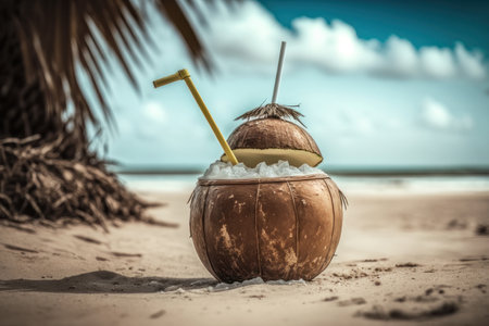 Cocktail in a coconut on the background of the sea. AI generative. illustration in photorealistic style.の素材