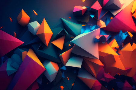 Abstract background, colored triangles on a dark blue background. AI generative. illustration in photorealistic style.の素材