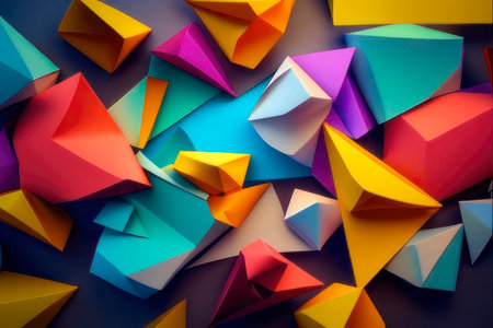 Abstract background, colorful triangles on a purple background. AI generative. illustration in photorealistic style.の素材