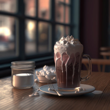 Cocoa with marshmallows in a restaurant. AI generative. illustration in photorealistic style.の素材