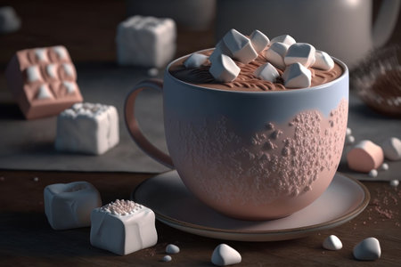 Cocoa with marshmallows in a patterned mug. AI generative. illustration in photorealistic style.の素材