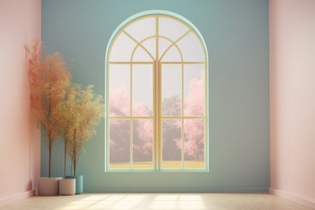 Large window and potted plants, pastel colors. AI generative. illustration in photorealistic style.の素材