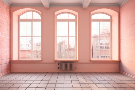 Empty room, pink wall and large windows. AI generative. illustration in photorealistic style.の素材
