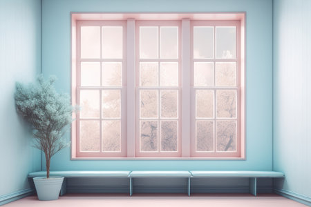 Large windows and a potted plant, pastel colors, blue and pink. AI generative. illustration in photorealistic style.の素材