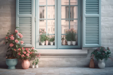 Large window and roses in pots, pastel colors. AI generative. illustration in photorealistic style.の素材