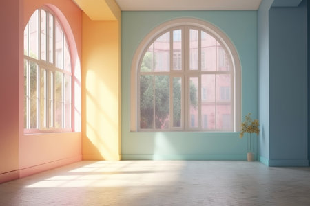 Empty room, large semi-circular windows. AI generative. illustration in photorealistic style.の素材