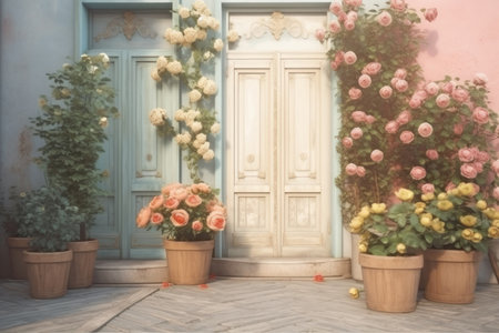 background. Wooden doors and flowers in pots, pastel colors. AI generative. illustration in photorealistic style.の素材
