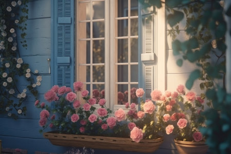 Windows with shutters and roses. AI generative. illustration in photorealistic style.の素材