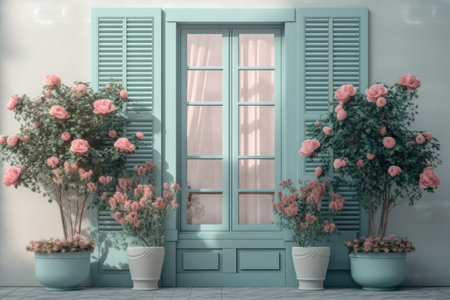 background. Window with shutters and flowers in pots. AI generative. illustration in photorealistic style.の素材