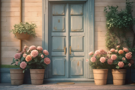 background. Wooden door and roses in pots, pastel colors. AI generative. illustration in photorealistic style.の素材