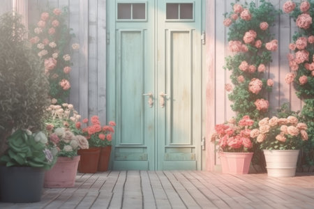 background. wooden door and roses. AI generative. illustration in photorealistic style.の素材