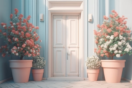 background. Wooden door and flowers, pastel colors. AI generative. illustration in photorealistic style.の素材