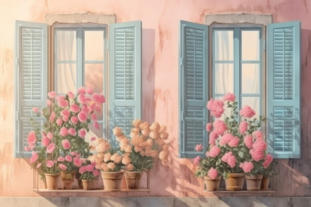 Windows with shutters and roses in pots, pastel colors. AI generative. illustration in photorealistic style.の素材