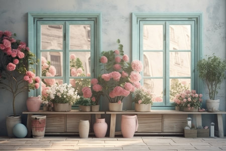 Windows and flowers in pots, pastel colors, pink and blue. AI generative. illustration in photorealistic style.の素材