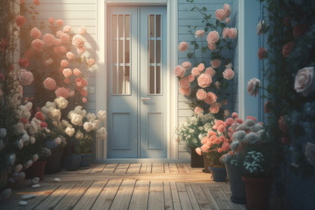 wooden door and roses. AI generative. illustration in photorealistic style.の素材
