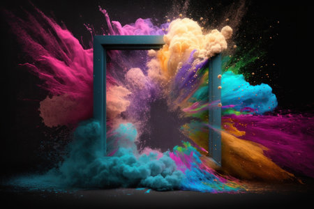 background. Splashes of powder paint and a frame on a black background. AI generative. illustration in photorealistic style.の素材