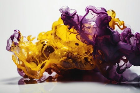 background. Color liquid alcohol ink, yellow and purple. AI generative. illustration in photorealistic style.の素材