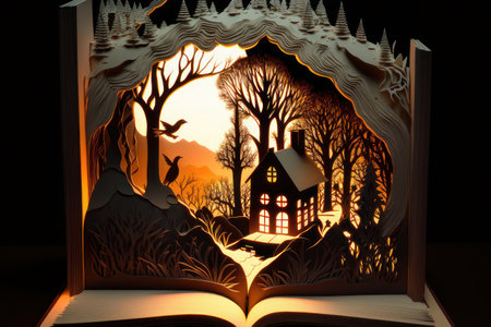 Fairy tale book, papercut, house in the forest. AI generative. illustration in photorealistic style.の素材