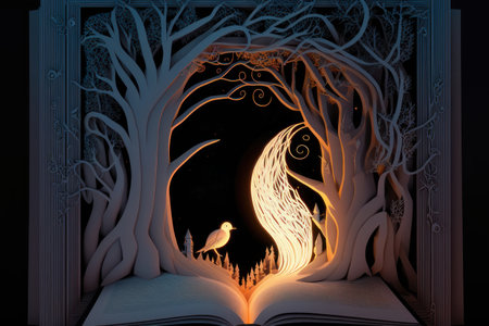 Fairy tale book, papercut, bird and tree. AI generative. illustration in photorealistic style.の素材