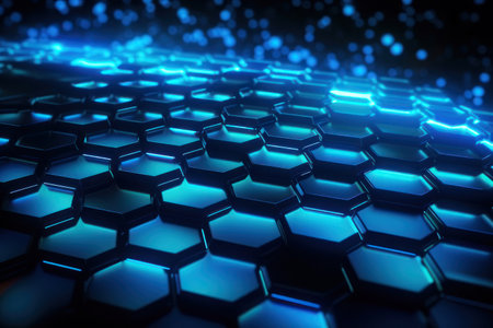 abstract background. Neon honeycombs. AI generative. background for desktop or site.の素材