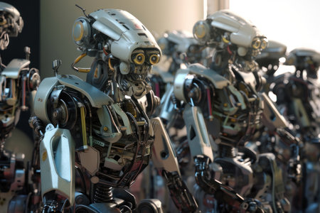 Lots of metal robots. AI generative. illustration in photorealistic style.の素材