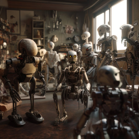 Lots of robots in the room. AI generative. illustration in photorealistic style.の素材