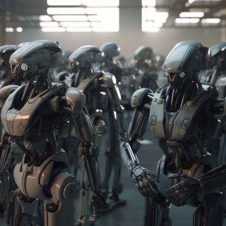 Lots of identical robots in the room. AI generative. illustration in photorealistic style.の素材