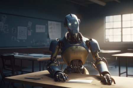 The robot is sitting at the table at school. AI generative. illustration in photorealistic style.の素材