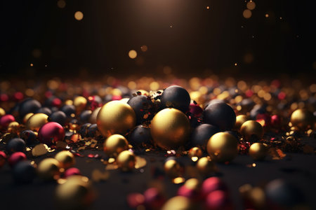 Christmas background. Christmas balls and confetti on the floor. AI generative. illustration in photorealistic style.の素材