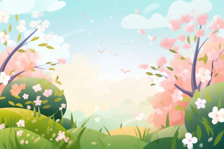 spring background. Blooming cherry trees. AI generative. Graphic style illustration.の素材