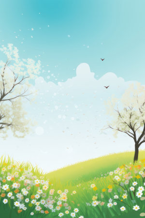 spring background. Blooming garden and birds. vertical background. AI generative. Graphic style illustration.の素材