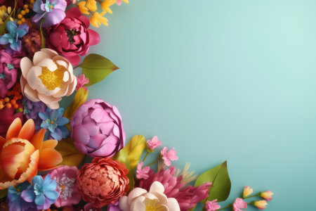Background, flowers on a blue background, empty space on the right. AI generative. illustration in photorealistic style.の素材