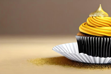 golden cupcake in a bowl. AI generative. illustration in photorealistic style.の素材