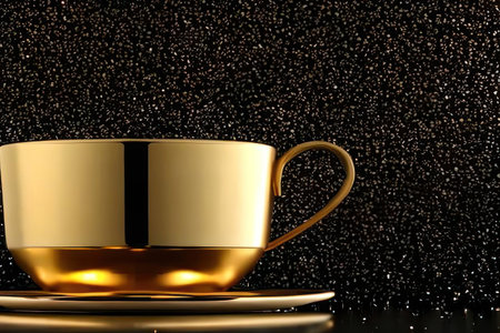 Gold mug of kaofe and gold dust. AI generative. illustration in photorealistic style.の素材