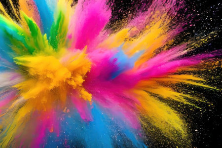 Splashes of powder paint on a black background. AI generative. illustration in photorealistic style.の素材