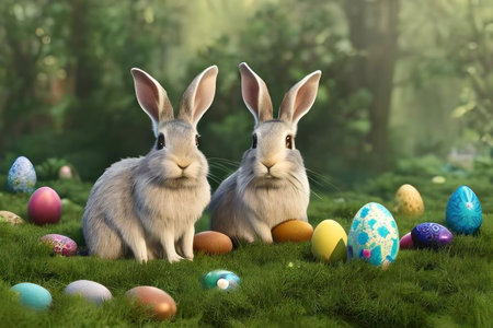 Two Rabbits and Easter eggs in nature. AI generated. illustration in photorealism style.の素材