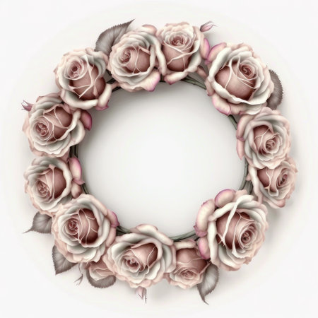 Round frame with pink roses. AI generative. illustration in photorealistic style.の素材
